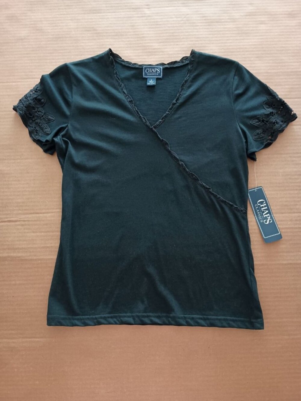 NWT Chaps lace edge faux wrap v-neck short sleeve blouse black size S